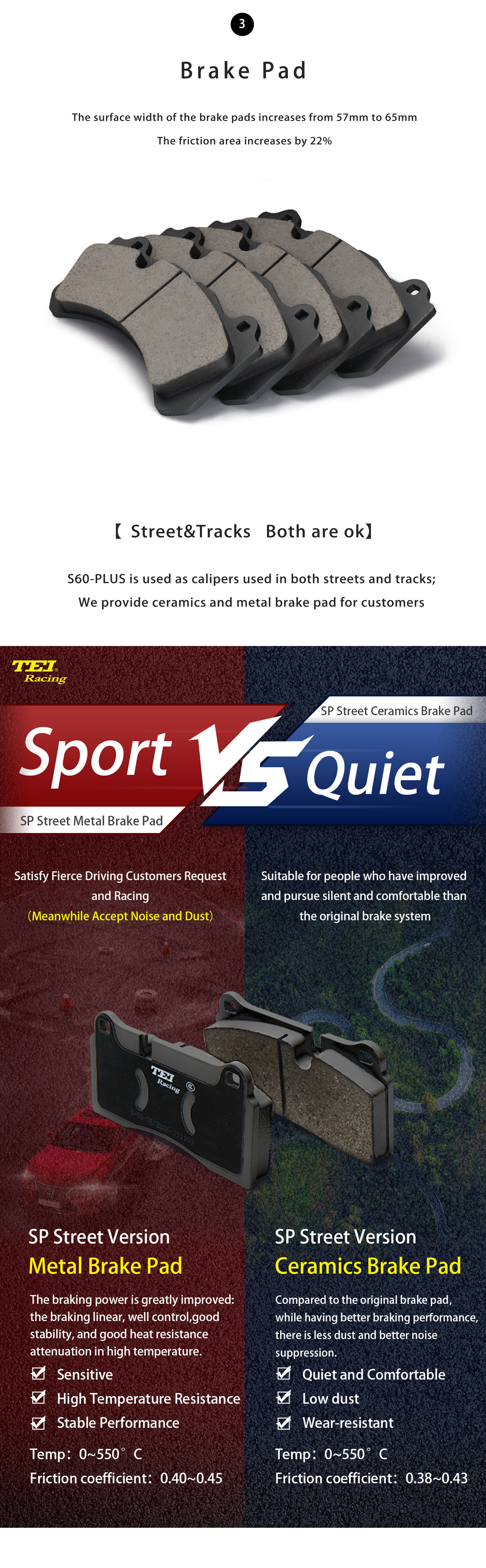 TEI Front S60-Plus 6 Pot Monoblock Caliper With high carbon content iron Floating Disc Big Brake Kit