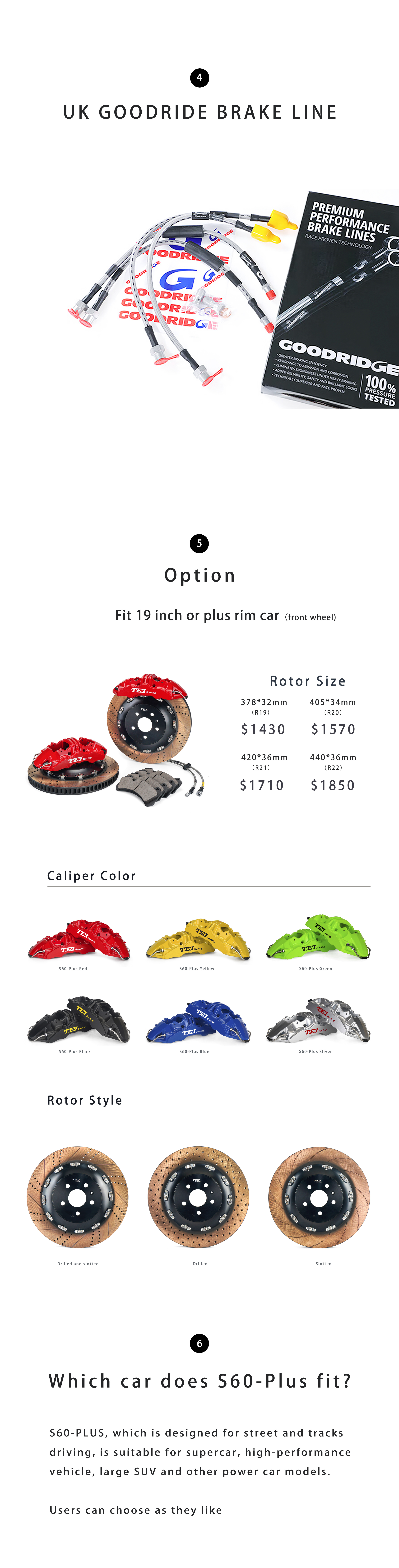 TEI Front S60-Plus 6 Pot Monoblock Caliper With high carbon content iron Floating Disc Big Brake Kit