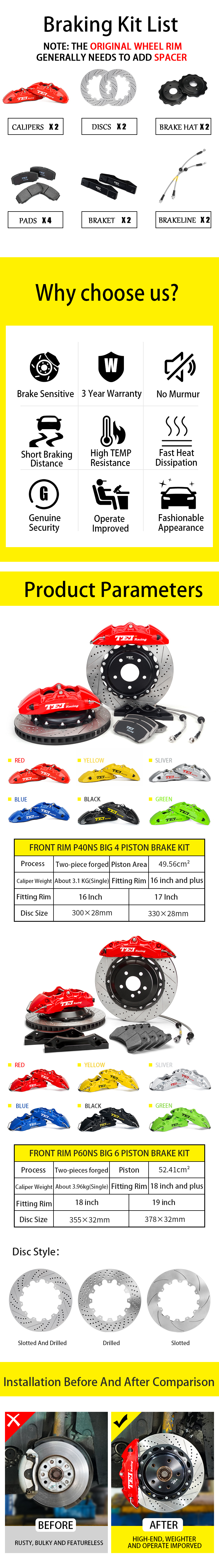 TEI Front P60NS 6 Pot Split Forged Caliper With High Carbon Content Iron Disc Big Brake Kit