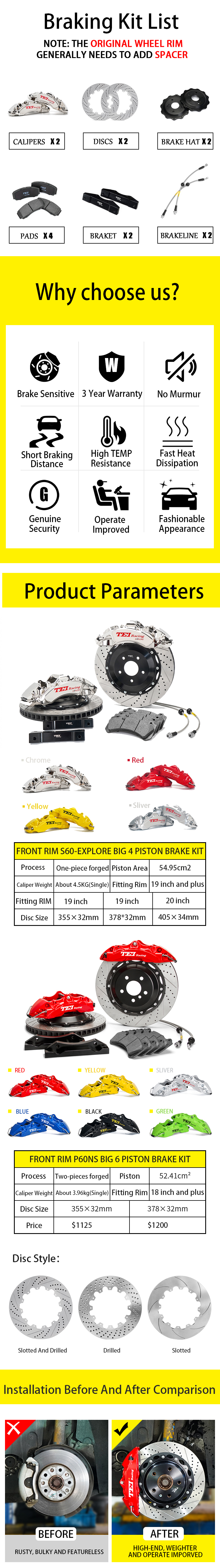 TEI Front S60-Explore 6 Pot Monoblock Caliper With High Carbon Content Iron Floating Disc Big Racing Brake Kit