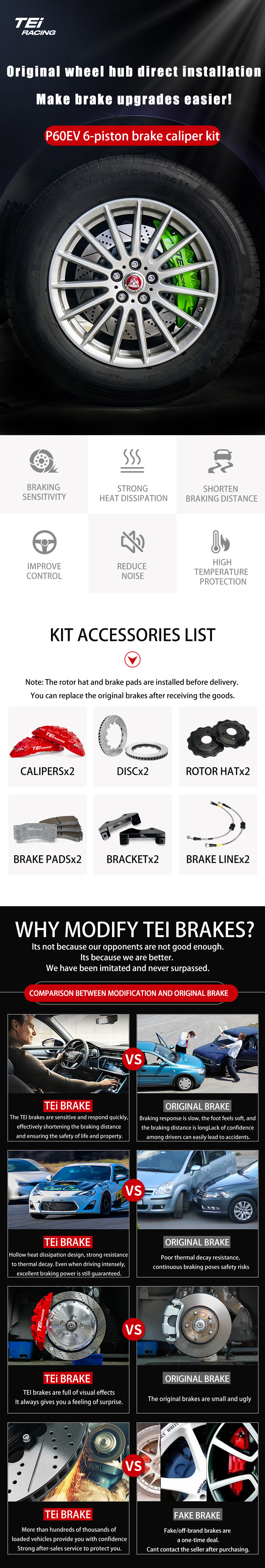 TEI Front P60EV 6 Pot Split Forged Caliper With High Carbon Content Iron Disc Big Brake Kit