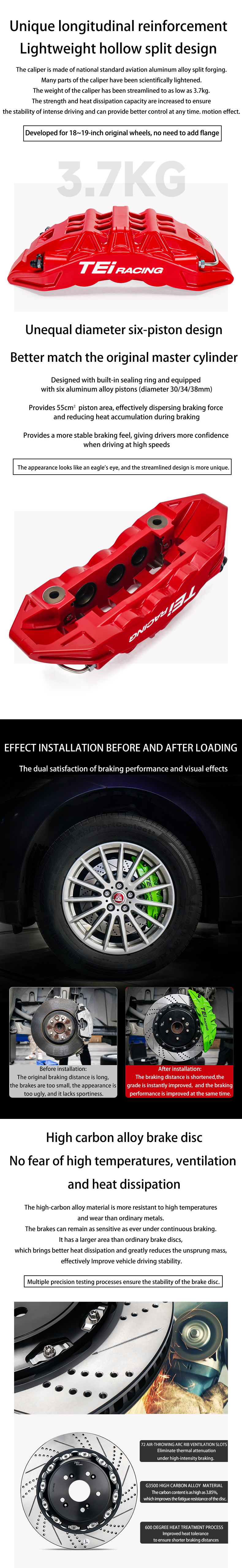 TEI Front P60EV 6 Pot Split Forged Caliper With High Carbon Content Iron Disc Big Brake Kit