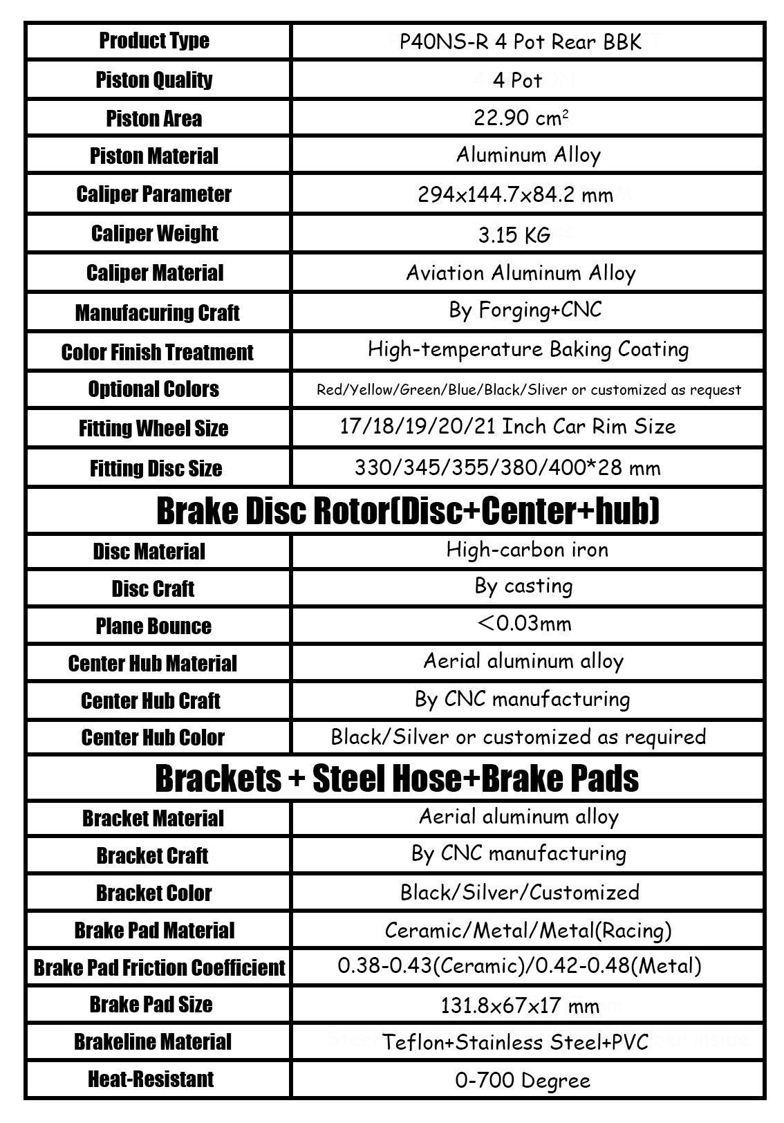 TEIRACING Rear P40S-R 4 Pot Forged Caliper With High Carbon Content Iron Disc Big Brake Kit